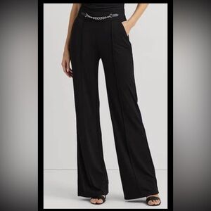 Lauren Ralph Lauren Women’s Chain Trim Pleated Black Jersey Wide Leg Pants Sz 6P